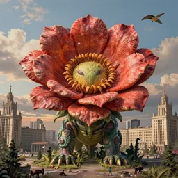 colossal grotesque prehistoric alien predator flower made from best unfulfilled mankind projects in the middle of abandoned post soviet constructivist cityscape, Stalinist architecture, ultradetailed, Intricate by Hayao Miyazaki and Josan Gonzalez and Makoto Shinkai and Giuseppe Arcimboldo and Wes Anderson