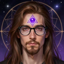 a photo of a guy with very long brownish! hair!, with nerdy! glasses! and goatee, purple third eye chakra, geometric third eye triangle, sci - fi face, cosmic geometric background, breathtaking stars, elegant, highly detailed, digital painting, artstation, concept art, smooth, sharp focus, illustration, anime asthetic, art by artgerm and greg rutkowski and alphonse mucha, acid pixie