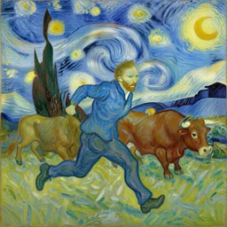 a painting of van gogh running in panic from a bull in the day of San Firmino in Pamplona. style of van gogh. Oil on camvas