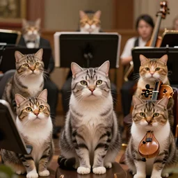 Orchestra where all musicians are cats. Photo-realistic highly-detailed 4K