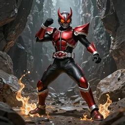 Kamen Rider wearing segmented demonic armor standing in a rock quarry doing a henshin pose, League of Legends Splash Art, high quality, 4k, concept art, illustration, Arcane