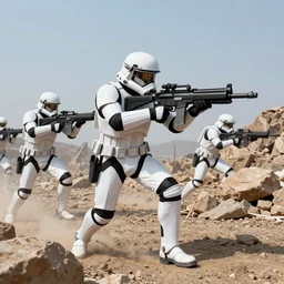 action photography, fast paced, imperial commando troopers traversing through rough terrain, blaster fire bright as neon, huge explosions, total chaos, sci fi alien world, concept art, photoshop, trending on artstation, star wars, hd, 8 k, hyperrealist, breathtaking, groundbreaking, awe inspiring, award winning, octane render, unreal engine 5