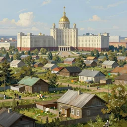 russia, village, bright future, social realism, eye view, soviet architecture, highly detailed, digital painting, artstation, concept art, matte, sharp focus, illustration, art by artgerm and greg rutkowski and alphonse mucha