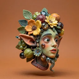 headshot of a trickster nature spirit, head made of fruit gems and flowers in the style of arcimboldo, fragonard, photorealistic, dynamic lighting, action figure, clay sculpture, claymation, dull orange streaked background