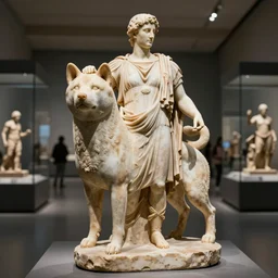 ancient roman statue of a shiba inu inside an alien museum
