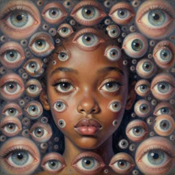 eyes!! a black girl with many eyes!, surreal art by colin christian and junji ito and anton semenov and mc escher and chet zar in a surreal portrait style, impressionism, trypophobia! eyes, eyes everywhere, symmetry, eyes!, homicidal eyes, optical illusion, delicate and intricate, highly detailed, infinite intricacy