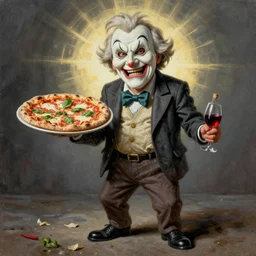 wrinkled! old man wearing pulcinella mask, with a pizza! margherita di napoli and a red wine, menacing appearance, lowbrow, artistic, dramatic backlight, full body, wide angle, ultrafine detailed caricarture painting by ralph steadman, trending on deviantart, masterpiece
