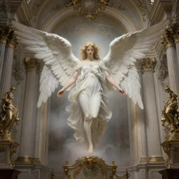 a beautiful rococo chapel, in the center is a beautiful ethereal angel with white feathered wings, symettrical composition, intricate oil painting, ethereal, misty, dramatic lighting, amazing depth, 8 k, octane render, by ruan jia and jeremy mann and alphonse mucha