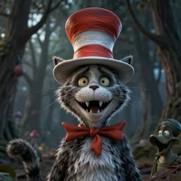 complex 3 d render, hyper detailed, ultra sharp, of the cat in the hat, scary, dark, cinematic, natural soft light, rim light, art by greg rutkowski and artgerm and norman rockwell, dr seuss