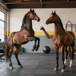 two legged horse with big hands in a gym, shaking hands. holding weight. turning right, standing down.