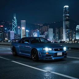 Nissan Skyline R34 with a light reflection in the middle of a road on the night Hong Kong china town, blue color grading, cinematic color grading , unreal 5, hyperrealistic, realistic, photorealistic, dynamic lighting, highly detailed, cinematic landscape, studio landscape, studio lighting