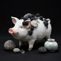 a pig sculpture with blackberries, obsidian and glass and pumice and japanese glazed pottery, black background, zen,