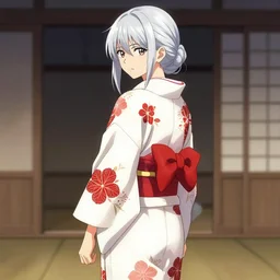 beautiful girl, silver hair, white kimono with complex red flower pattern(s), full body, looking to camera, showing her shoulder from back, ilustration by ((Takehiko Inoue)) ((and Krenz Cushart))