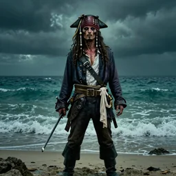 ultra realistic color photo of an undead pirate with the ocean in the background on a tropical shore, dark, painted, brooding, atmospheric, seascape, lovecraft, horror, smooth, epic, highly detailed, cinematic, annie lebowitz