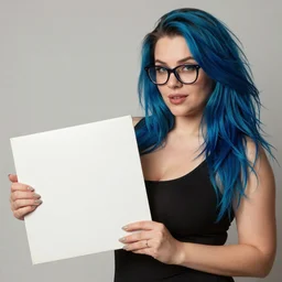 realistic photograph of a beautiful seductive curvy blue hair woman with glasses holding a blank LP cover highly detailed
