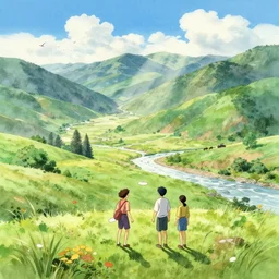 friends playing frisbee on a mountain slope in a mountain valley with a scenic view of a valley with a river behind you can see horses and tractors in distance the sun rays are cutting through the white clouds, birds eye view, watercolor illustration by hayao miyazaki