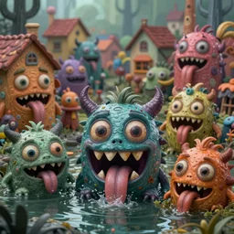intricate colourful murky village with strange cute friendly horror crazy monsters with huge beauty eyes long tongue triangle teeth and scary face appearing from the water, in the style of craola, shallow depth of field, highly detailed, digital painting, trending artstation, concept art, illustration, cinematic lighting, vibrant colors, photorealism, epic, octane render
