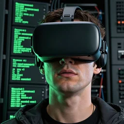 “portrait of main character of Neuromant book on his face VR set, high detailed, wide and straight in face angle, in the background big mainframe with python code running on it(black and green color) many wires. volumetric light, epic light, by Steve Dillon, Glenn Fabry, Matt Hollingsworth, Pamela Rambo in style of Preacher comics(1995-2000)”