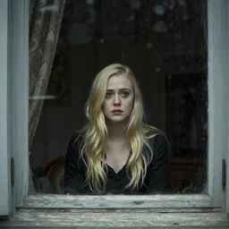creepy Liminal interior seen through an exterior window, featuring Elle Fanning, in the style of Edward Hooper and Vilhelm Hammershøi and Albert Bierstadt