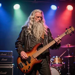 gandalf playing bass in a funk band, fog machine, colored spotlights