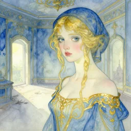 close up of a girl in a blue and gold haunted liminal abandoned room, watercolor by hammershøi, art noveau, highly detailed, lights by edward hopper, liminal, eerie, bright pastel colors