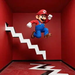 Mario jumping up and down in the red room from twin peaks. black & white zig zag, photorealistic, in the style of david lynch, strange