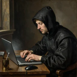 a renaissance painting of a hacker programming in her laptop