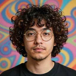 a curly - haired persian guy wearing round golden glasses, a round face and a very short stubble by alex grey, psychedelic