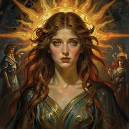 stunning, breathtaking, awe-inspiring award-winning concept art nouveau painting of attractive Kiernan Shipka as the goddess of the sun, with anxious, piercing eyes, by Alphonse Mucha, Michael Whelan, William Adolphe Bouguereau, John Williams Waterhouse, and Donato Giancola, cyberpunk, extremely moody lighting, glowing light and shadow, atmospheric, cinematic, 8K