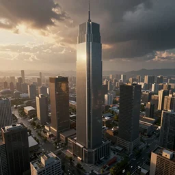 skyscrapers with straight lines rising above industrial city, dramatic sunset lighting, rainy clouds, artstation, 3 d render, hyperdetailed, aerial view, 2 4 mm lens