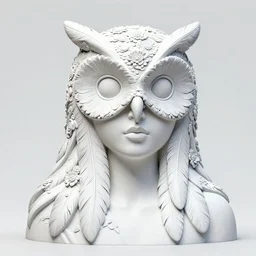 vivid sculpture of a owl masked woman with long feathers and covered in flowers. gradient colors. empty white space exposition. by ueda akishi, beth cavener, ellen jewett, rogers.