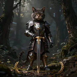 cat, armor, sword, dark, unreal engine, digital art style