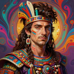 portrait of andrew garfield, hyper detailed ultra sharp aztec shaman warrior. trending on artstation, warpaint aesthetic, bloodwave, colorful, psychedelic, ornate, intricate, digital painting, concept art, smooth, sharp focus, illustration, art by artgerm and greg rutkowski and h. r. giger, 8 k