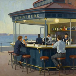a lively bar along the waterfront in the style of an edward hopper painting