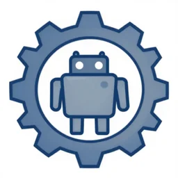 a vectorized, 3 d, blue - grey gear, robot icon