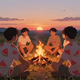 team discussing around bonfire, sunset, third person view, clothes with pattern of pieces of watermelon, detailed, artstation,