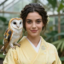 portrait photograph of an extremely beautiful!!!! Morena Baccarin , symmetric face!, symmetric round detailed eyes!!, slight smile, natural light, wearing a yellow kimono!! with a very detailed barn owl! on her shoulder in a tropical greenhouse. looking at the camera!!. super resolution. Extremely detailed. Graflex camera!, bokeh!!!!!. art by alphonse mucha
