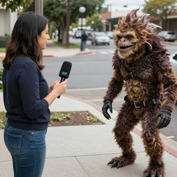 female news reporter interviewing a chupacabra on a sidewalk, realistic lighting, highly detailed and realistic