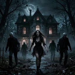 dark haunted house with terrified woman pursued by headless zombies