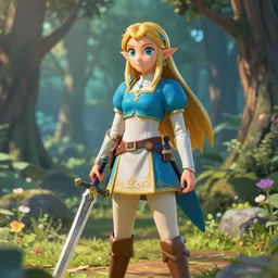 botw princess Zelda standing in a beautifully lit forest holding a sword, detailed, soft lighting