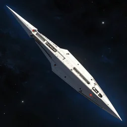 concept art of a large spaceship in the shape of an spear traveling thoug the space by greg rutkowski