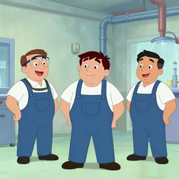 illustration of happy nuclear plant workers in the style of animated short petroushka by john wilson