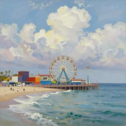 beautiful oil painted landscape of Coney Island and wonder wheel,  ocean with flowy clouds dreamy  painted by Halil Ural and John Atkinson Grimshaw trending on artstation