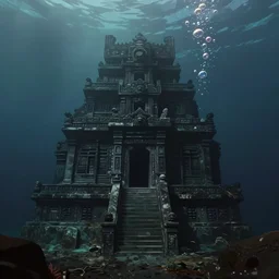 wide shot, submerged pre - incan temple, dark, grenada underwater sculpture park, symmetrical, bubbles, abyss, anime style mixed with fujifilm, detailed gouache paintings, stylized, dark, murky, foggy, atmospheric, artstation, cgsociety, octane render, cgi, unreal engine 5, denoise, cinematic masterpiece