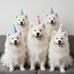 realistic, sharp, several white and fluffy samoyeds sitting on the couch wearing birthday hats and smiling to you, happy, cute