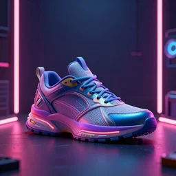 3d render of an cyberpunk sneaker on a room, neon lighted background, coherent, symmetrical, cinematic, hyper realism, high detail, octane render, unreal engine, 8k, Vibrant colors, Smooth gradients, High contrast, trending on artstation