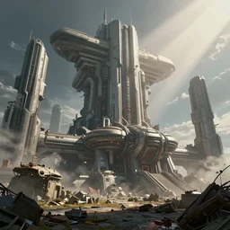 an epic photobashing of a epic cyberpunk military building, alien civilization, futuristic, hyper - realist, post apocalypse, nuclear war, daylight, god's ray, interstellar, atlantica, soviet, by beeple and fvckrender and visualdon, trending on cgsociety