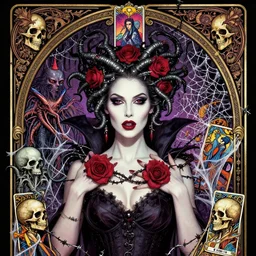 closeup portrait athena succubus gothic varga elvira barb wire megan fox maleficent roses medusa, wicca, ornate arch, seance, cthulhu, kraken, skulls, spider webs, glamour pose, moebius, gta v, dan mumford, mucha, nagel, tarot card, d & d, new art nouveau, black paper, vibrant, greg rutkowski,