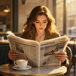 Enjoying a cappuccino at the Café while reading the newspaper at golden hour. Digital illustration. Trending. 4k. panoramic. HDR. fantastic lighting. Epic. Classic, masterpiece, masterstroke, perfection, magnum opus, showpiece, cream of the crop, masterwork, pièce de résistance, outstanding, feature, centerpiece, great, amazing, incredible, intriguing, wonderful, glorious,  feat of artistic achievement, highlight, the best, out of this world, beyond reproach, without fault.