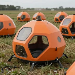 photo of a field of one - man innovative survival pods, orange and black colour palette, generative design, geodesic structure